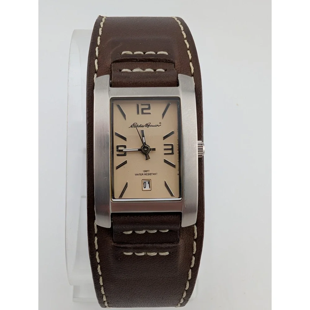 Eddie Bauer Watch Women 21mm Silver Case‎ Brown Leather Bund Strap- New Battery